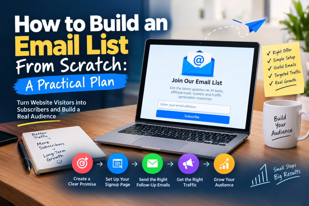 How to build an email list from scratch with a laptop showing an email signup form, subscriber growth checklist, and email marketing funnel process.